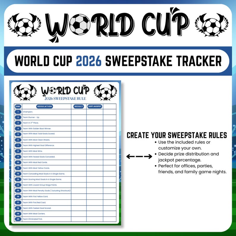 Op de afbeelding: Een World Cup 2026 Sweepstake Tracker met een voetbalafbeelding. De tracker bevat een lijst met regels en een ruimte om resultaten vast te leggen. De tekst "Create Your Sweepstake Rules" is ook zichtbaar.