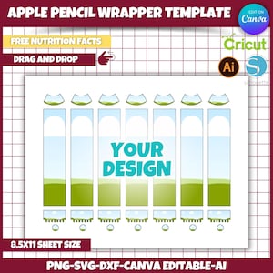 May include: Printable template for Apple Pencil wrappers. The template features a green, blue, and white landscape design with the text "YOUR DESIGN" in turquoise. The template is 8.5 x 11 inches and can be edited in Canva.