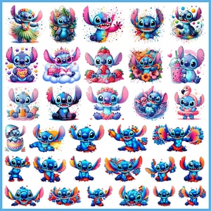 May include: A collection of 36 colorful digital illustrations featuring Stitch, the blue alien character from the Disney movie Lilo & Stitch. Each illustration depicts Stitch in a different pose and setting, with various accessories and backgrounds.