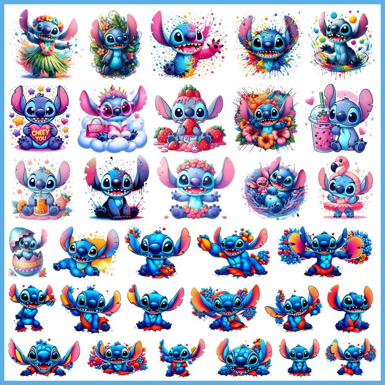 May include: A collection of 36 colorful digital illustrations featuring Stitch, the blue alien character from the Disney movie Lilo & Stitch. Each illustration depicts Stitch in a different pose and setting, with various accessories and backgrounds.