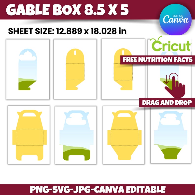 K&ouml;nnte beinhalten: Eine druckbare Vorlage f&uuml;r eine Klappbox mit einer Landschaftsszene. Die Vorlage ist f&uuml;r eine Box mit den Ma&szlig;en 8,5 Zoll x 5 Zoll ausgelegt und ben&ouml;tigt ein Blatt Papier mit den Ma&szlig;en 12,889 Zoll x 18,028 Zoll. Die Vorlage enth&auml;lt Anweisungen zum Ziehen und Ablegen des Designs auf eine Cricut-Schneidemaschine.