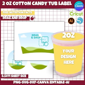 2 Unzen Cotton Candy Vorlage, Full Wrap Cotton Candy Wanne Wrapper Vorlage, Cotton Candy Label, Cotton Candy svg, Canva bearbeitbar, AI, JPG, DFX