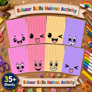 May include: A set of Scissor Skills Haircut Activity sheets featuring colorful cartoon faces with various dashed line patterns for hair. The collection includes pink, yellow, and purple paper cards with diverse facial expressions, designed for cutting practice. The set is labeled with the text Scissor Skills Haircut Activity and includes 35 sheets in total.