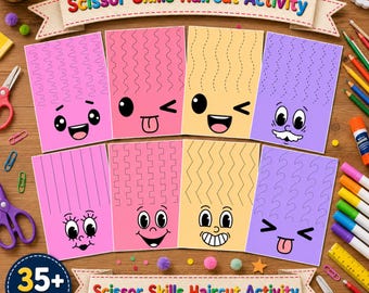 35+ Preschool Scissor Skills Haircut Activity, Cutting Worksheets, Fine Motor Activity, Cutting Strips-Scissors Worksheets-Scissors Practice