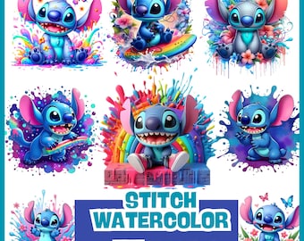 Stitch Watercolor Clipart: Splash Sublimation PNG Bundle (Digital Download)