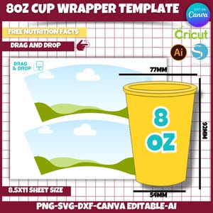 8oz Cup Wrapper Template, Cup Wrapper Template, Paper Cup Template, Party Favor Template, SVG, Silhouette, Canva, Cricut, instant Download
