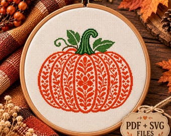 Floral Pumpkin Cross Stitch Pattern, Autumn Folk Art Embroidery Chart, Harvest Counted Cross Stitch, Fall Home Decor Gift, Easy PDF Download