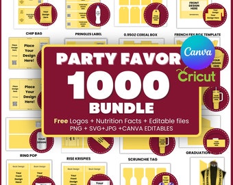 Party Favor Template Bundle: Chip Bag, Water Bottle, Canva Editable