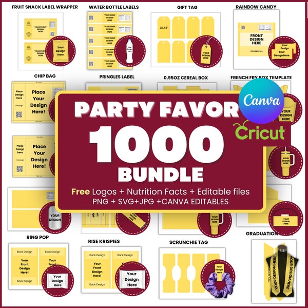 1000 Party favor Templates, Party favors, Template Bundle, Chocolate Wrapper Template, Water Bottle Template, Chip Bags Templates, Cake Box
