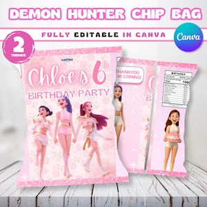 Bewerkbare Kpop Demon Hunter Chip Bag labelsjabloon verjaardagsfeestje, gepersonaliseerde K-Pop 2 themafeest gunst, Chip Bag Wrapper Decor AFDRUKBAAR
