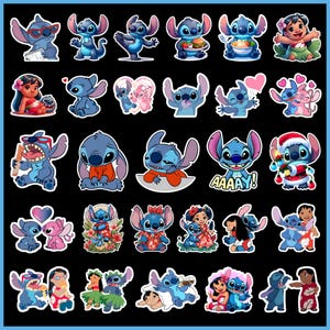May include: A set of 30 colorful stickers featuring a blue alien character with various expressions and poses. The stickers include a variety of designs, including the alien wearing a Santa hat, holding a present, and wearing a Hawaiian shirt. The stickers are perfect for adding a touch of fun to any project.