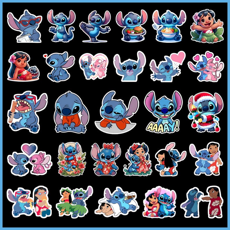 May include: A set of 30 colorful stickers featuring a blue alien character with various expressions and poses. The stickers include a variety of designs, including the alien wearing a Santa hat, holding a present, and wearing a Hawaiian shirt. The stickers are perfect for adding a touch of fun to any project.