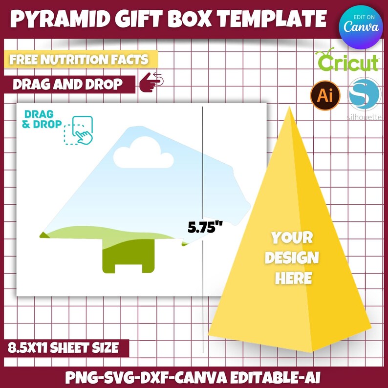 Pyramid Box Label, Printable Gift Box Svg, 5.75 Pyramind Gift Box