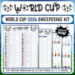 May include: A digital World Cup 2026 sweepstake kit featuring a soccer ball design and the text "World Cup 2026 Sweepstake Kit". Includes a tracker, rules, and country flags. The kit is designed for A4 pages (21.6 x 27.9 cm).
