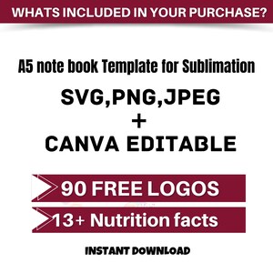May include: A red and white graphic with the text "WHATS INCLUDED IN YOUR PURCHASE?"  A5 note book Template for Sublimation SVG,PNG,JPEG + CANVA EDITABLE 90 FREE LOGOS 13+ Nutrition facts INSTANT DOWNLOAD