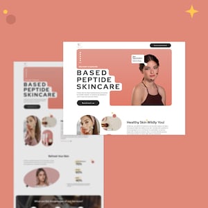 Puede incluir: Página de inicio del sitio web de una empresa de cuidado de la piel llamada "Based Peptide Skincare". El sitio web presenta un esquema de color rosa y blanco con imágenes de mujeres que usan productos para el cuidado de la piel. El texto "Based Peptide Skincare" se muestra en una fuente grande en la parte superior de la página. El sitio web también incluye una llamada a la acción para "Contactar con nosotros".