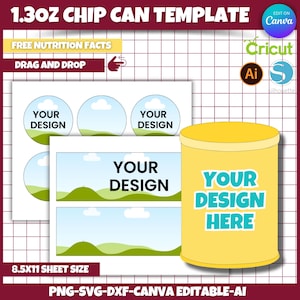 1.3oz Chip can Template, Chip Can Label Template, Party Favor, Pring Chip Can Label, Drag and Drop Canva Template, SVG, PNG, Cricut