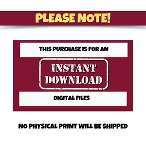 K&ouml;nnte beinhalten: Eine rote und wei&szlig;e Grafik mit dem Text "PLEASE NOTE!" in Gelb. Der Text "THIS PURCHASE IS FOR AN INSTANT DOWNLOAD DIGITAL FILES" ist in Wei&szlig; auf rotem Hintergrund. Der Text "NO PHYSICAL PRINT WILL BE SHIPPED" ist in Wei&szlig; auf rotem Hintergrund.