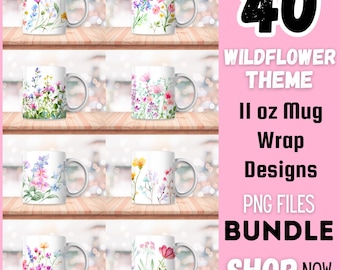 Mugs aquarelle fleurs sauvages, motifs sublimés, emballages floraux 11 oz (PNG)