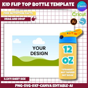 12oz Flip Top Kids Water Bottle Template , Tumbler Template , Drag and Drop , Canva Editable Template , Sublimation Svg , Party Favor Labels