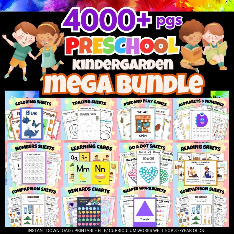 May include: A colorful digital download bundle for preschool and kindergarten. The bundle includes over 4,000 pages of printable worksheets, learning cards, and games. The worksheets cover a variety of topics, including colors, numbers, letters, shapes, and reading comprehension. The bundle is designed to help children learn and grow.