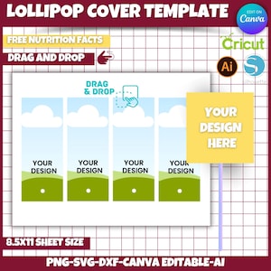 Modello di copertina per lecca-lecca, modello di copertina per lecca-lecca SVG, modello di etichetta per lecca-lecca SVG, formato foglio 8,5x11", bomboniere, Cricut, Silhouette, DFX