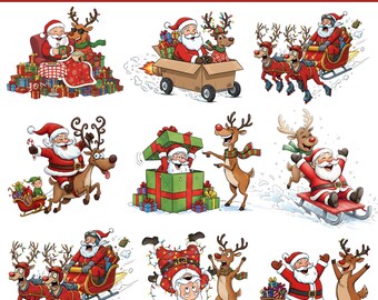 20+ Santa Claus PNG Bundle | Cute Christmas Santa & Reindeer Clipart | Festive Holiday Sublimation | Santa Sleigh PNG | Xmas Clipart