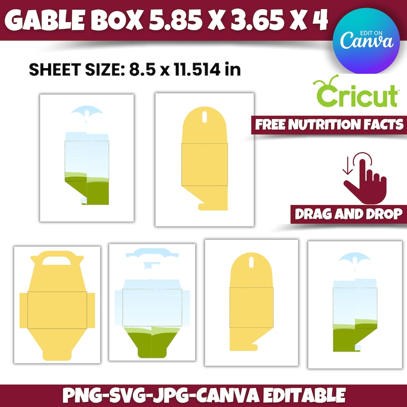 K&ouml;nnte beinhalten: Eine druckbare Vorlage f&uuml;r eine Klappbox in Gelb und Gr&uuml;n. Die Vorlage ist f&uuml;r die Verwendung mit Cricut und Canva konzipiert. Die Box misst 14,86 cm x 9,27 cm x 10,16 cm. Die Blattgr&ouml;&szlig;e betr&auml;gt 21,59 cm x 29,25 cm.