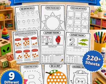 Preschool Pre-K + Kindergarten learning BUNDLE | +220 Pages | PRINTABLE Worksheets | Alphabet, Dot To Dot, Shape Name and Tracing, Coloring