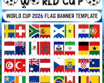 Afdrukbare vlagbanner WK 2026 met alle gekwalificeerde landen, decor WK voetbal, voetbaldecoratie (pdf-download)