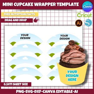 May include: Printable cupcake wrapper template with a design of a cupcake with chocolate frosting and coffee beans on top. The template is 8.5x11 inches and includes the text "Your Design Here".