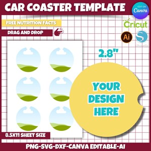 May include: A printable template for creating 6 car coasters. The template includes a design with a blue sky, white clouds, and green hills. The coasters are 2.8 inches in diameter. The template is editable in Canva, Cricut Design Space, Silhouette Studio, and Adobe Illustrator.