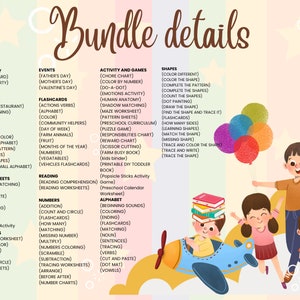 May include: A colorful chart with a list of educational activities and games for children. The chart is divided into categories such as pretend play, events, flashcards, tracing, coloring sheets, sight words, reading, numbers, shapes, and alphabet. The chart is illustrated with cartoon children playing with books, toys, and other learning materials.