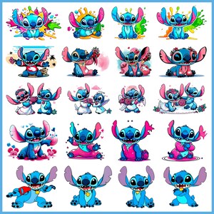 May include: A collection of 18 digital clipart images featuring Stitch, the blue alien character from the Disney movie Lilo & Stitch. The images show Stitch in various poses and expressions, including wearing a flower lei, holding a bouquet of flowers, and wearing angel wings.