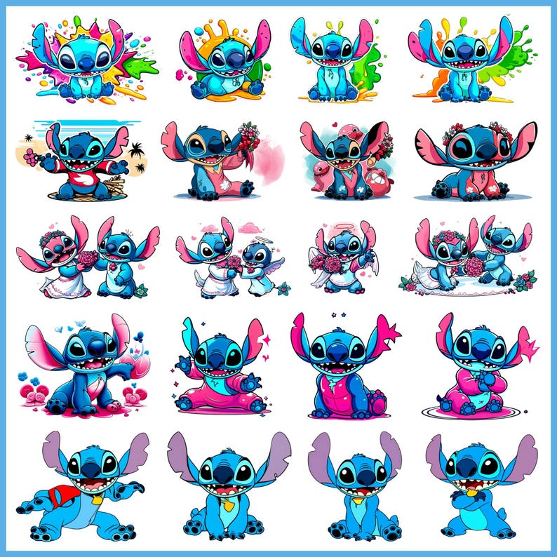 May include: A collection of 18 digital clipart images featuring Stitch, the blue alien character from the Disney movie Lilo & Stitch. The images show Stitch in various poses and expressions, including wearing a flower lei, holding a bouquet of flowers, and wearing angel wings.