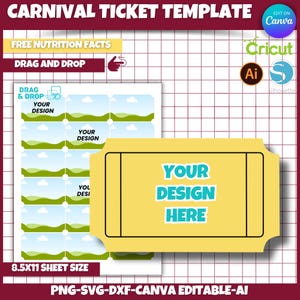 Carnival Ticket Template, Canva, PSD, PNG, SVG, Dxf, 8.5x11&quot; sheet, Printable, Instant Download, Svg file for Cricut, Silhouette