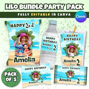 Lilo Birthday Party Bundle, Lilo Chip bag labels, Lilo water bottle labels, Canva Editable Templates, Birthday Pack for kids