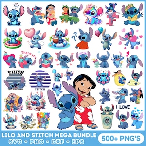 May include: A large collection of digital clip art featuring Lilo and Stitch characters. The images include Stitch in various poses, Lilo, and other characters from the Disney movie. The text "Lilo and Stitch Mega Bundle" and "500+ PNG's" is included in the image.