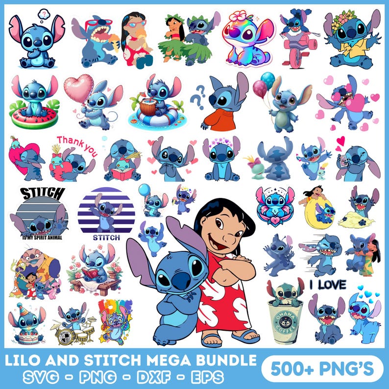 May include: A large collection of digital clip art featuring Lilo and Stitch characters. The images include Stitch in various poses, Lilo, and other characters from the Disney movie. The text "Lilo and Stitch Mega Bundle" and "500+ PNG's" is included in the image.