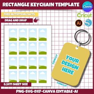 May include: A printable sheet of 12 rectangle keychain templates with a landscape design featuring green hills, blue sky, and white clouds. The sheet measures 8.5 inches by 11 inches. The keychain template measures 2.2 inches by 1.4 inches. The text "YOUR DESIGN HERE" is on the keychain template.