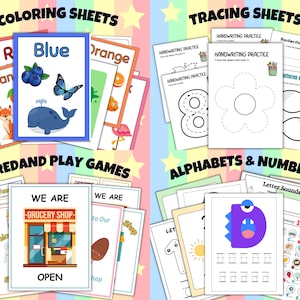 May include: A set of printable educational worksheets for kids featuring coloring sheets, tracing sheets, alphabet and number activities, and pretend play games. The worksheets include images of a whale, a flower, a fish, a grocery store, and a monster.