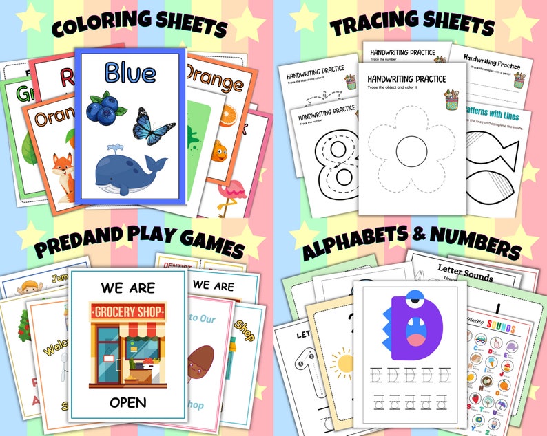 May include: A set of printable educational worksheets for kids featuring coloring sheets, tracing sheets, alphabet and number activities, and pretend play games. The worksheets include images of a whale, a flower, a fish, a grocery store, and a monster.