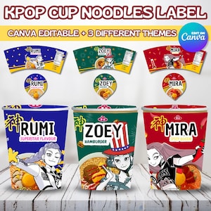 Może przedstawiać: Projekt graficzny z trzema etykietami makaronu w kubkach KPOP. Etykiety są niebieskie, zielone i czerwone, każda z inną ilustracją postaci i nazwą smaku: Rumi, Zoey i Mira. Tekst "KPOP CUP NOODLES LABEL" znajduje się na górze.