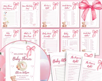 Pink Bow Baby Shower Games Bundle: Invitation & Decorations (Digital)
