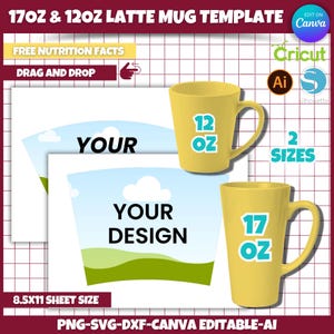 Latte Mug Template Bundle: 12oz & 17oz, Canva Editable (Digital Download)