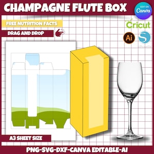 May include: A yellow champagne flute box design with the text "CHAMPAGNE FLUTE BOX", "FREE NUTRITION FACTS", and "DRAG AND DROP". Includes a clear champagne flute and a box template. The design is editable in Canva.