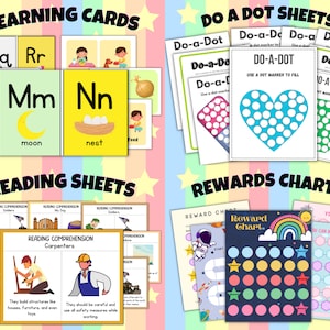 May include: A set of printable educational resources for kids, including learning cards with letters and pictures, do-a-dot sheets with heart, hexagon, and diamond shapes, reading comprehension worksheets with illustrations of soldiers, a dog, and carpenters, and reward charts with astronaut, rainbow, and cloud themes.