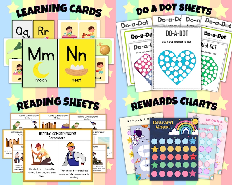 May include: A set of printable educational resources for kids, including learning cards with letters and pictures, do-a-dot sheets with heart, hexagon, and diamond shapes, reading comprehension worksheets with illustrations of soldiers, a dog, and carpenters, and reward charts with astronaut, rainbow, and cloud themes.