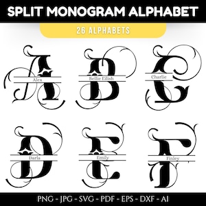 Può includere: Un set di 6 lettere dell'alfabeto di monogramma diviso in bianco e nero con decorazioni floreali. Le lettere sono A, B, C, D, E ed F. Ogni lettera ha una linea orizzontale al centro con un nome scritto su di essa. I nomi sono Alex, Bellie Eilish, Charlie, Darla, Emily e Finley. Le lettere sono su uno sfondo bianco.
