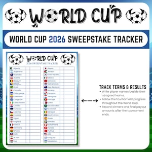 Op de afbeelding: Een World Cup 2026 Sweepstake Tracker met een voetbalafbeelding en de tekst "World Cup". De tracker bevat een lijst met deelnemende landen en instructies om termen en resultaten bij te houden.